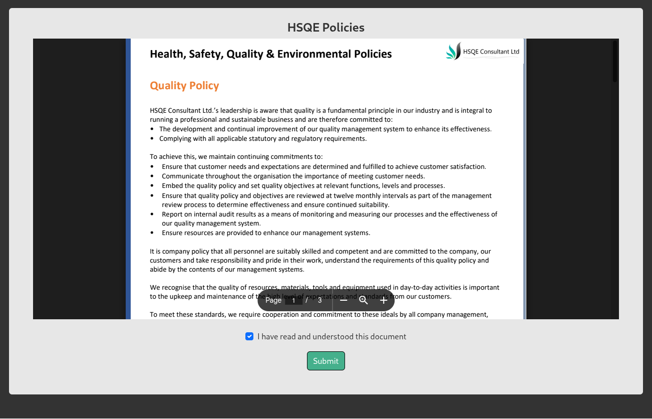 HSQE Policies document viewer with a read-and-understood checkbox and submit button