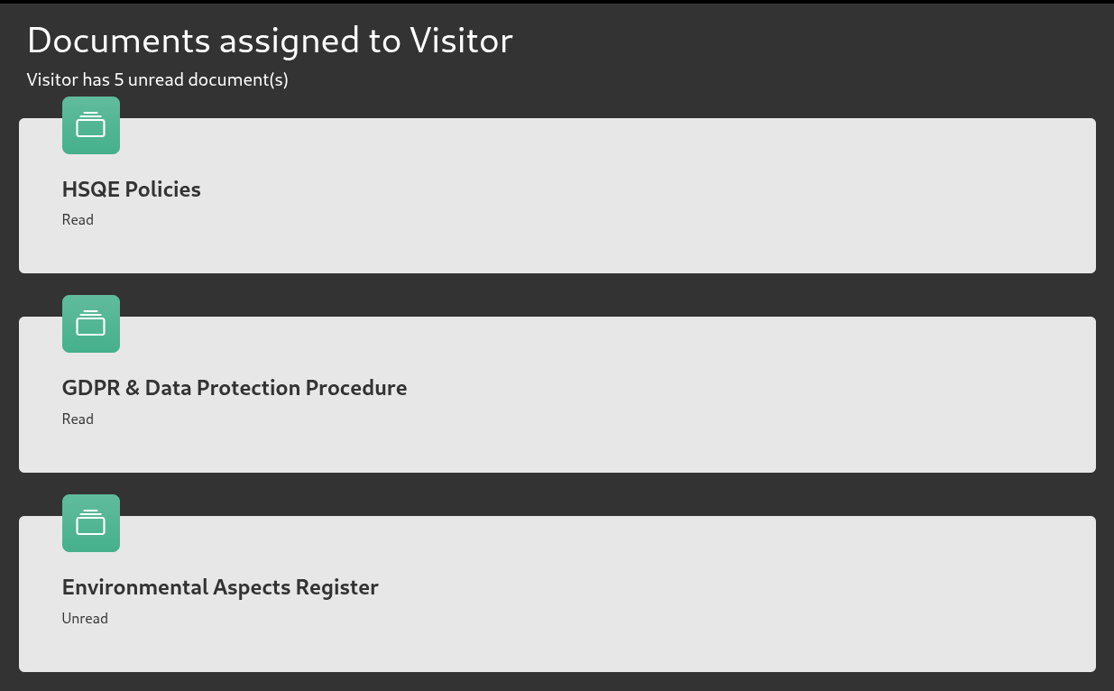 List of documents assigned to a Visitor showing read and unread status for each