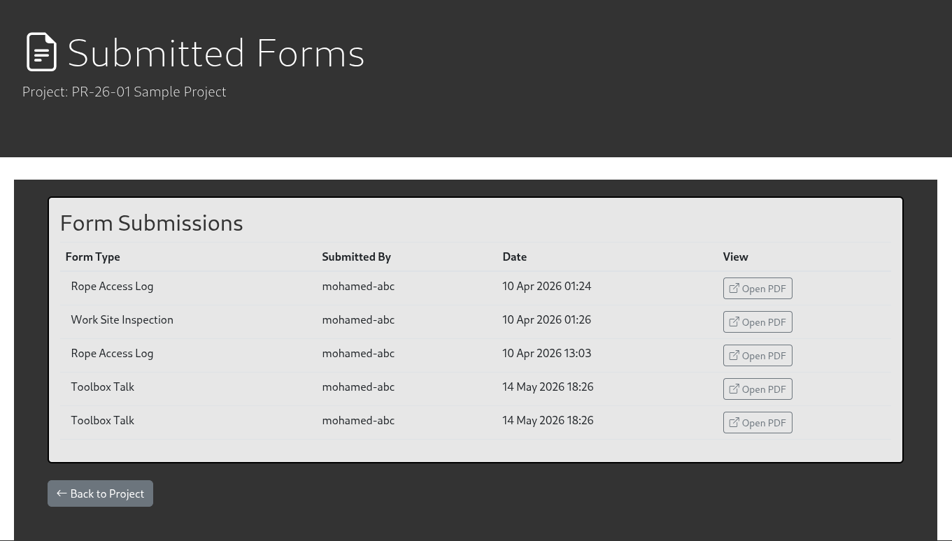 Submitted forms list with Open PDF links for each submission