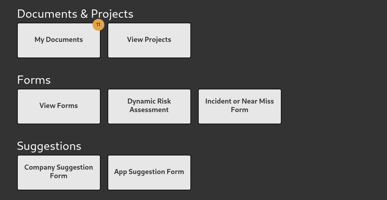 CatchUp app home showing documents, projects, forms, and suggestions