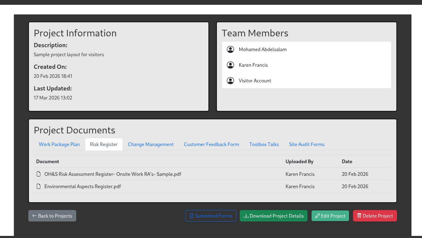 Project page showing project information, team members, and a tabbed project documents panel
