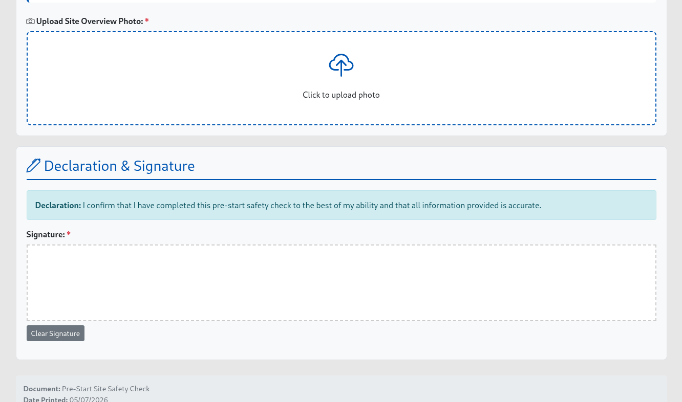 Digital safety form with photo upload and signature capture