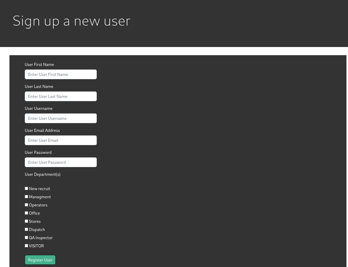 Sign up a new user form with name, email, password, and department checkboxes